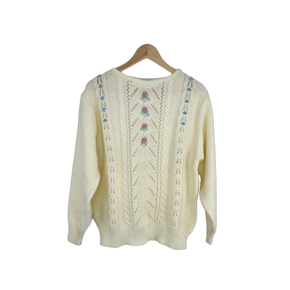 vintage 80s sweater pointelle ivory cottagecore floral L